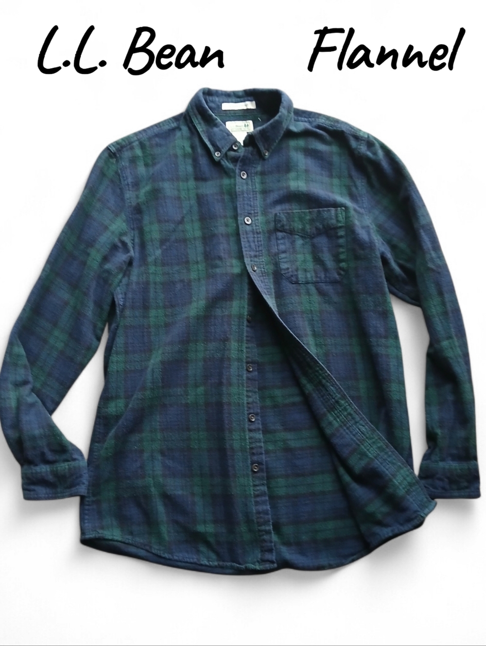 L.L. Bean Men's Green & Navy Plaid Flannel Button-Down Shirt